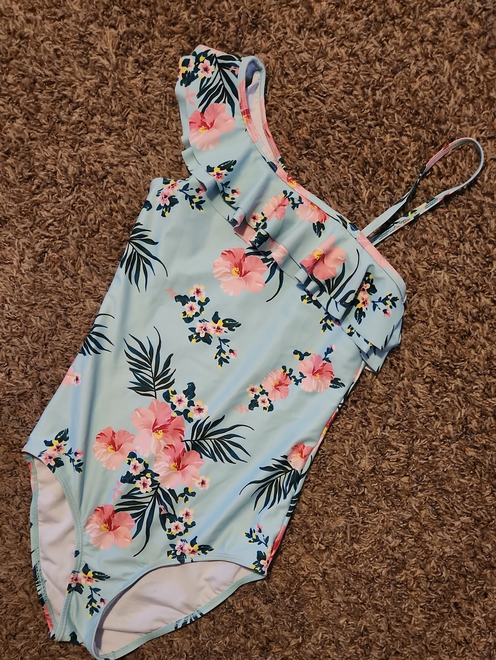 Light Blue Floral One-Shoulder Girls' Swimsuit